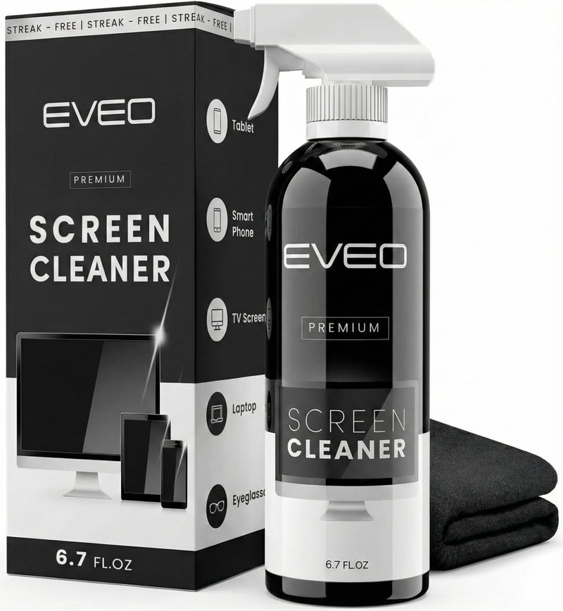 EVEO طقم رذاذ منظف الشاشة EVEOÂ® (خالي من الخطوط) منظف شاشة التلفاز للتلفاز الذكي، LCD، LED، OLED | رذاذ منظف شاشة الكمبيوتر ومسح بقطعة قماش ميكروفايبر - تلفاز، شاشة، لابتوب، آيباد، سيارة - 6.7 أونصة 1 عبوة - Image 1